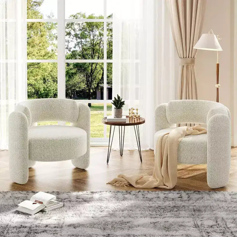 Fauteuil d'appoint rond moderne, capacité de 150 kg, design à 3 pieds et revêtement en chenille (blanc/gris foncé) pour salon, bureau, chambre.