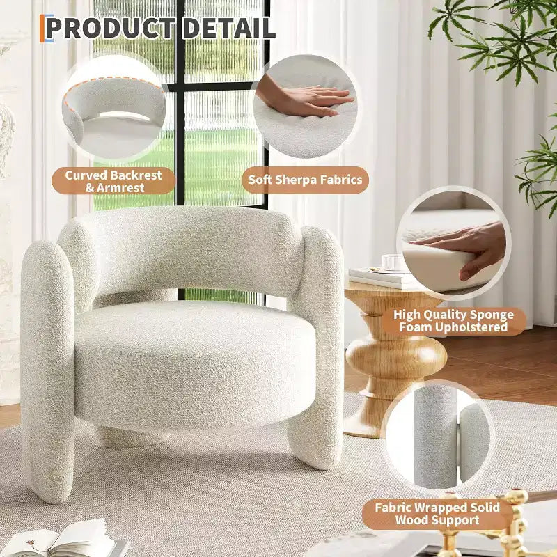 Fauteuil d'appoint rond moderne, capacité de 150 kg, design à 3 pieds et revêtement en chenille (blanc/gris foncé) pour salon, bureau, chambre.