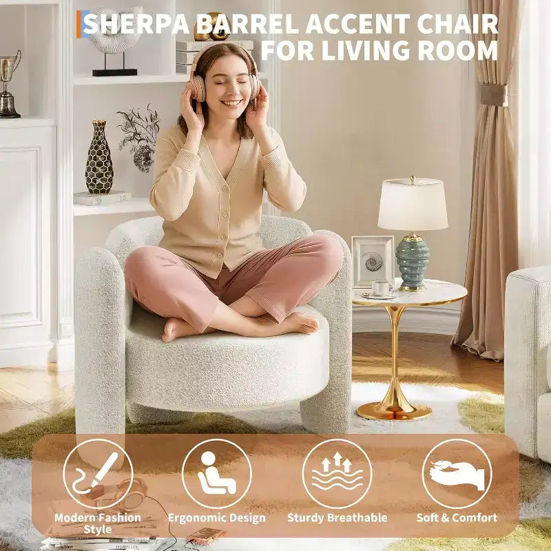 Fauteuil d'appoint rond moderne, capacité de 150 kg, design à 3 pieds et revêtement en chenille (blanc/gris foncé) pour salon, bureau, chambre.