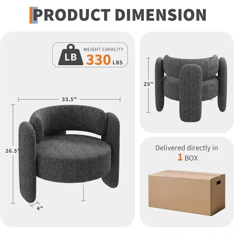 Fauteuil d'appoint rond moderne, capacité de 150 kg, design à 3 pieds et revêtement en chenille (blanc/gris foncé) pour salon, bureau, chambre.