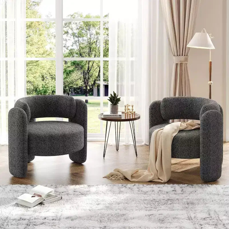 Fauteuil d'appoint rond moderne, capacité de 150 kg, design à 3 pieds et revêtement en chenille (blanc/gris foncé) pour salon, bureau, chambre.