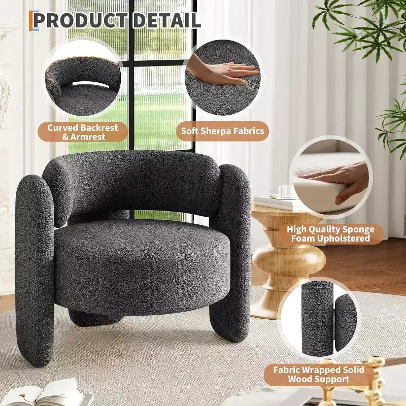 Fauteuil d'appoint rond moderne, capacité de 150 kg, design à 3 pieds et revêtement en chenille (blanc/gris foncé) pour salon, bureau, chambre.