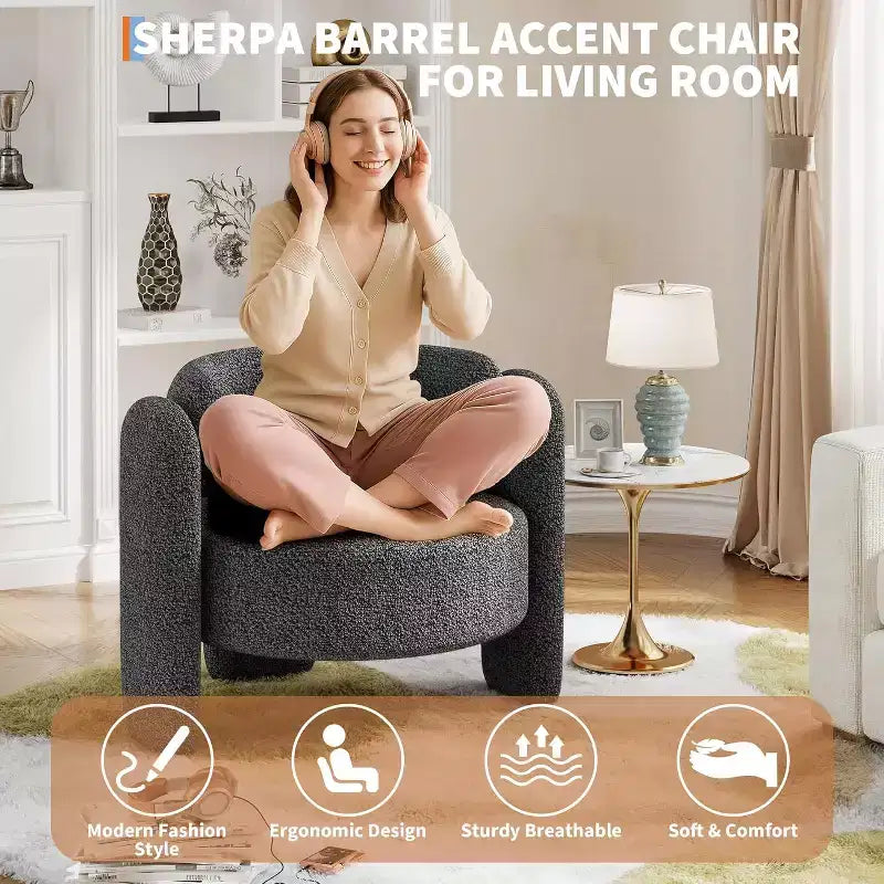 Fauteuil d'appoint rond moderne, capacité de 150 kg, design à 3 pieds et revêtement en chenille (blanc/gris foncé) pour salon, bureau, chambre.