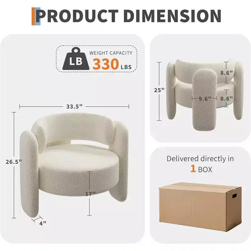 Fauteuil d'appoint rond moderne, capacité de 150 kg, design à 3 pieds et revêtement en chenille (blanc/gris foncé) pour salon, bureau, chambre.