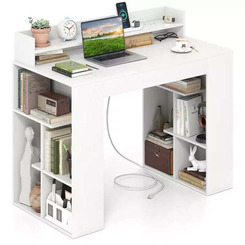 Costway Bureau de télétravail 43'' avec Prises Électriques, Étagère Moniteur, Bibliothèque et Passe-câble