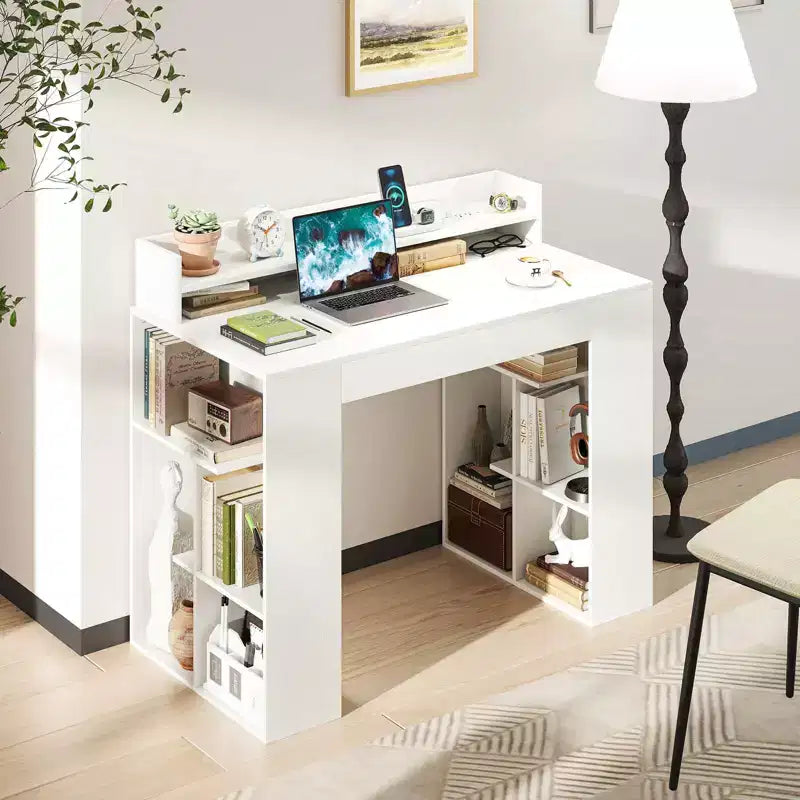 Costway Bureau de télétravail 43'' avec Prises Électriques, Étagère Moniteur, Bibliothèque et Passe-câble