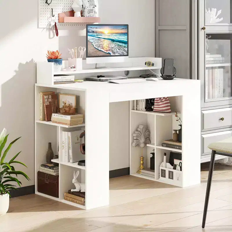 Costway Bureau de télétravail 43'' avec Prises Électriques, Étagère Moniteur, Bibliothèque et Passe-câble