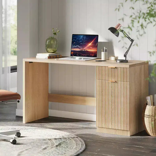 60 Executive Desk w/Storage, Modern Desk w/Drawer & Cabinet, Wood Fluted Computer Desks Workstation Writing Conference Table for Study, Natural Oak