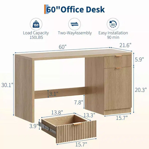 Bureau exécutif 60 po avec rangement, bureau moderne avec tiroir et armoire, bureaux d'ordinateur en bois cannelé, poste de travail, table de conférence pour l'étude, chêne naturel