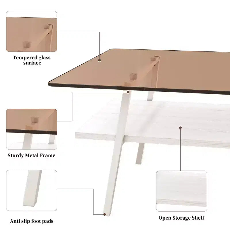 Ensemble de 3 tables basses et tables d'appoint, Table en verre trempé avec couche en MDF, Tables modernes pour salon, Verre marron