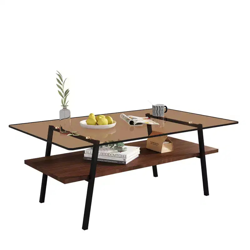 Ensemble de 3 tables basses et tables d'appoint, Table en verre trempé avec couche en MDF, Tables modernes pour salon, Verre marron