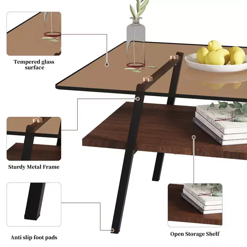 Ensemble de 3 tables basses et tables d'appoint, Table en verre trempé avec couche en MDF, Tables modernes pour salon, Verre marron