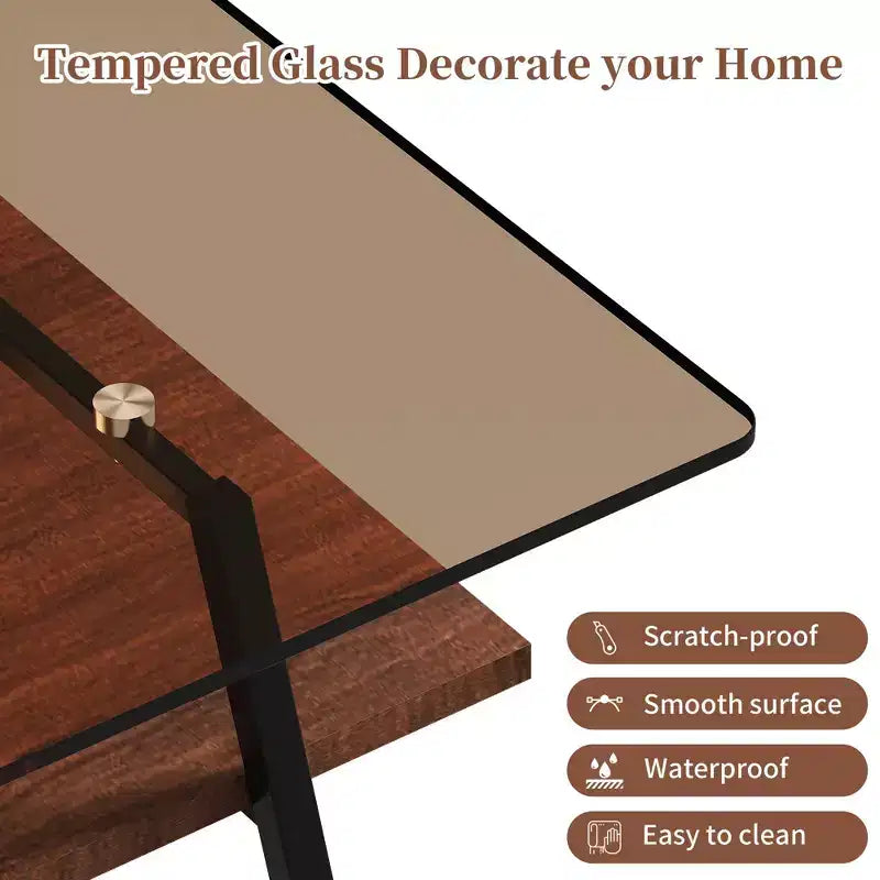 Ensemble de 3 tables basses et tables d'appoint, Table en verre trempé avec couche en MDF, Tables modernes pour salon, Verre marron