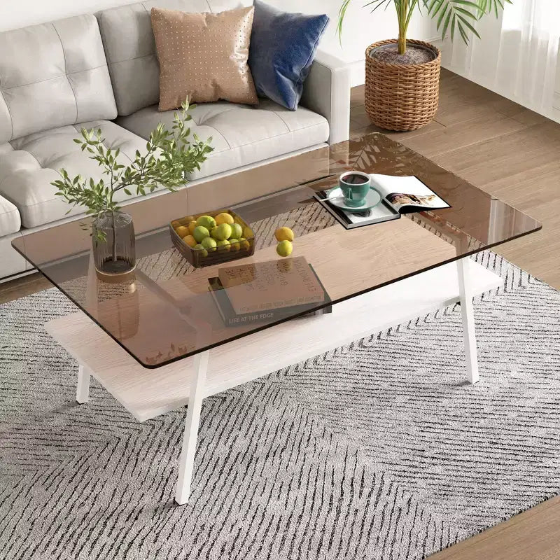 Ensemble de 3 tables basses et tables d'appoint, Table en verre trempé avec couche en MDF, Tables modernes pour salon, Verre marron