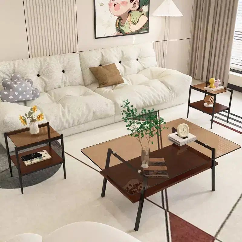 Ensemble de 3 tables basses et tables d'appoint, Table en verre trempé avec couche en MDF, Tables modernes pour salon, Verre marron