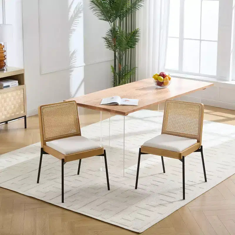 GDFStudio Chaise de salle à manger Becher mi-siècle en bois d'hévéa et lin avec dossier en rotin (Lot de 2)