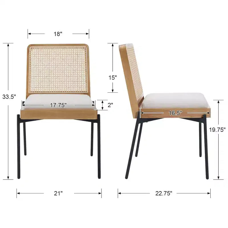 GDFStudio Chaise de salle à manger Becher mi-siècle en bois d'hévéa et lin avec dossier en rotin (Lot de 2)