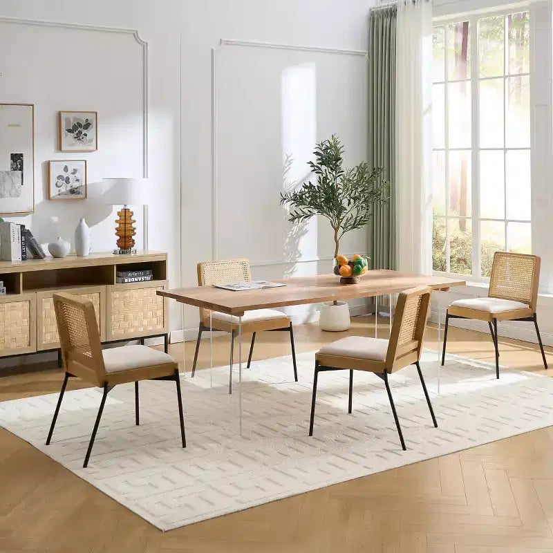 GDFStudio Chaise de salle à manger Becher mi-siècle en bois d'hévéa et lin avec dossier en rotin (Lot de 2)
