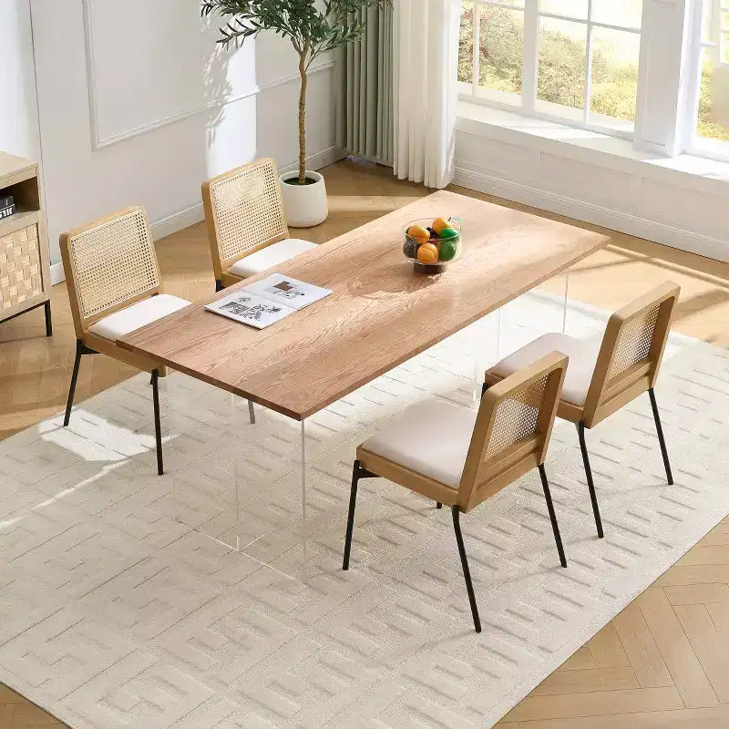 GDFStudio Chaise de salle à manger Becher mi-siècle en bois d'hévéa et lin avec dossier en rotin (Lot de 2)
