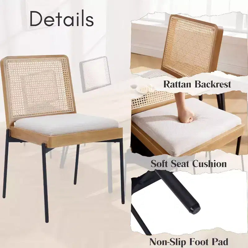GDFStudio Chaise de salle à manger Becher mi-siècle en bois d'hévéa et lin avec dossier en rotin (Lot de 2)