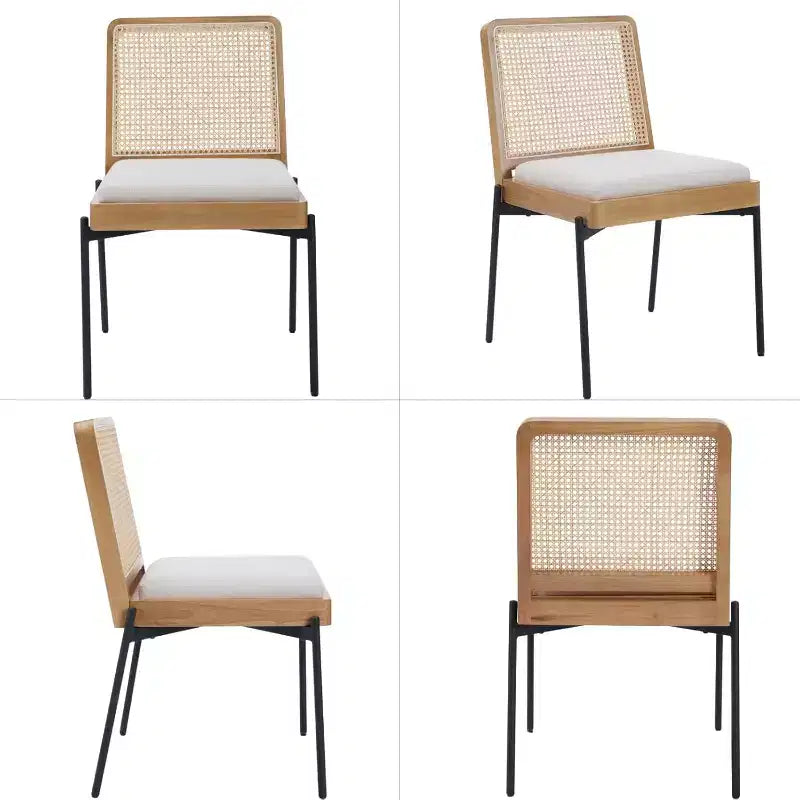 GDFStudio Chaise de salle à manger Becher mi-siècle en bois d'hévéa et lin avec dossier en rotin (Lot de 2)