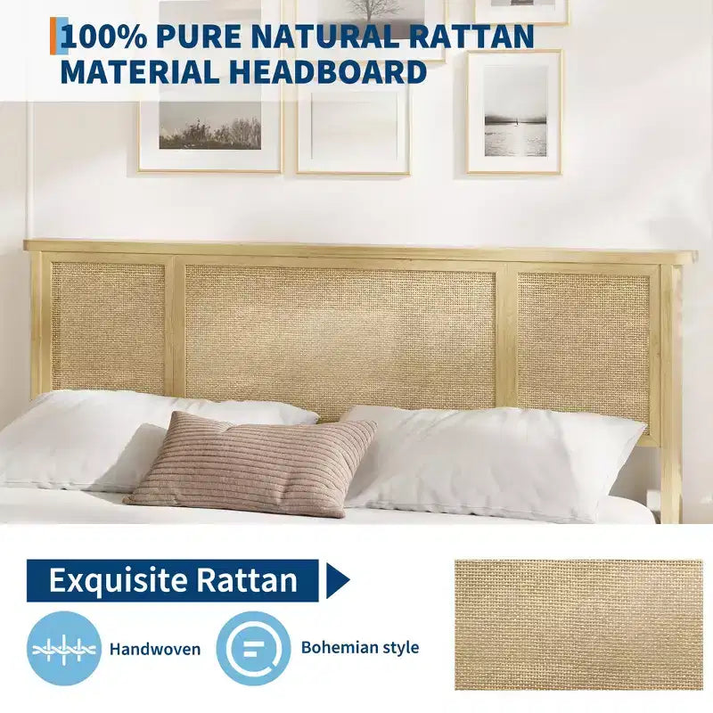 Cadre de lit Garvee avec tête de lit en rotin naturel, support à lattes en bois, base en métal