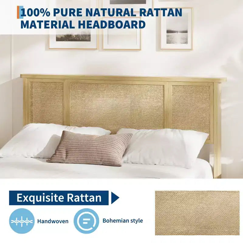 Cadre de lit Garvee avec tête de lit en rotin naturel, support à lattes en bois, base en métal