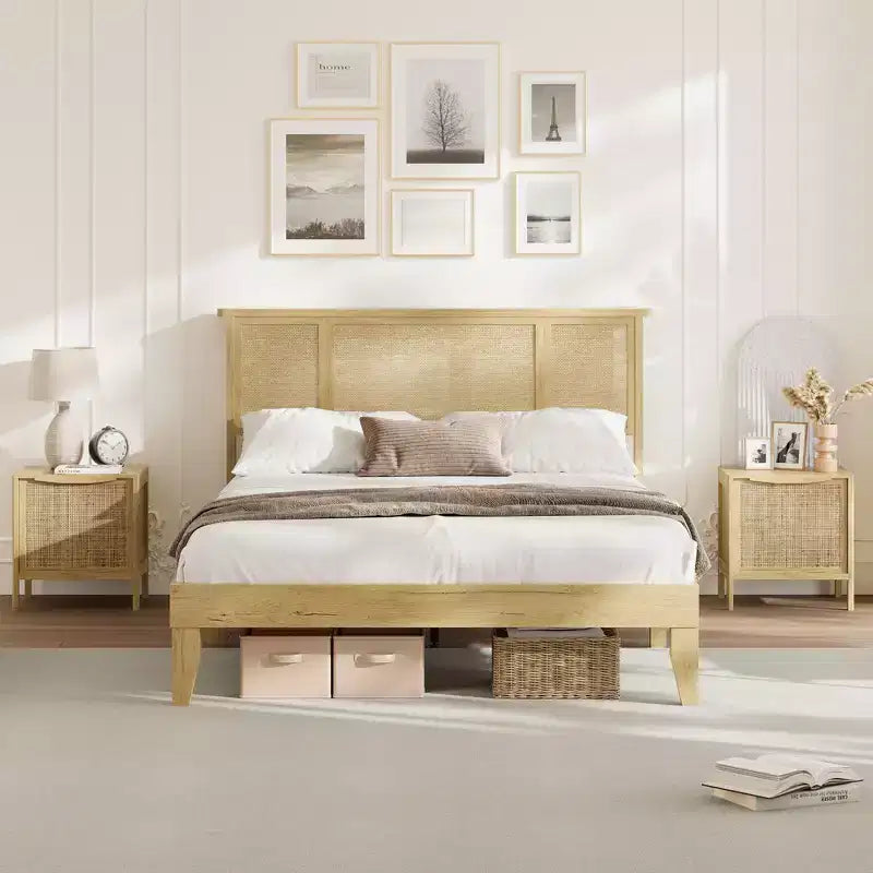 Garvee Bed Frame with Natural Rattan Headboard, Wood Slat Support, Metal Base