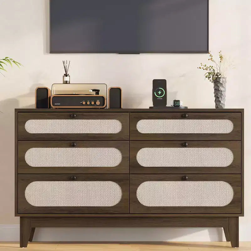 Commode à 6 tiroirs en rotin, avec ports USB et prises, meuble de rangement à 6 tiroirs