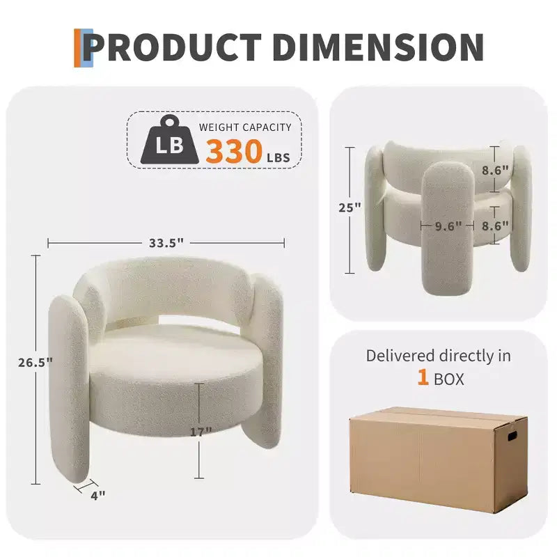 Fauteuil d'appoint moderne en chenille - Rembourrage de style Mid-Century, accoudoir rond confortable, dossier ouvert, coin arrondi, pour chambre, bureau ou café