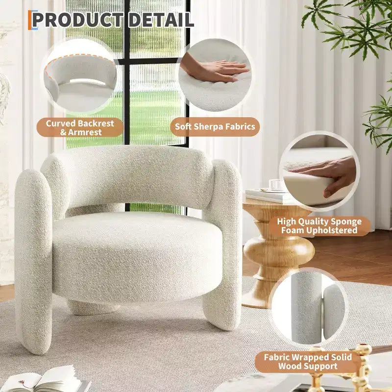 Fauteuil d'appoint moderne en chenille - Rembourrage de style Mid-Century, accoudoir rond confortable, dossier ouvert, coin arrondi, pour chambre, bureau ou café