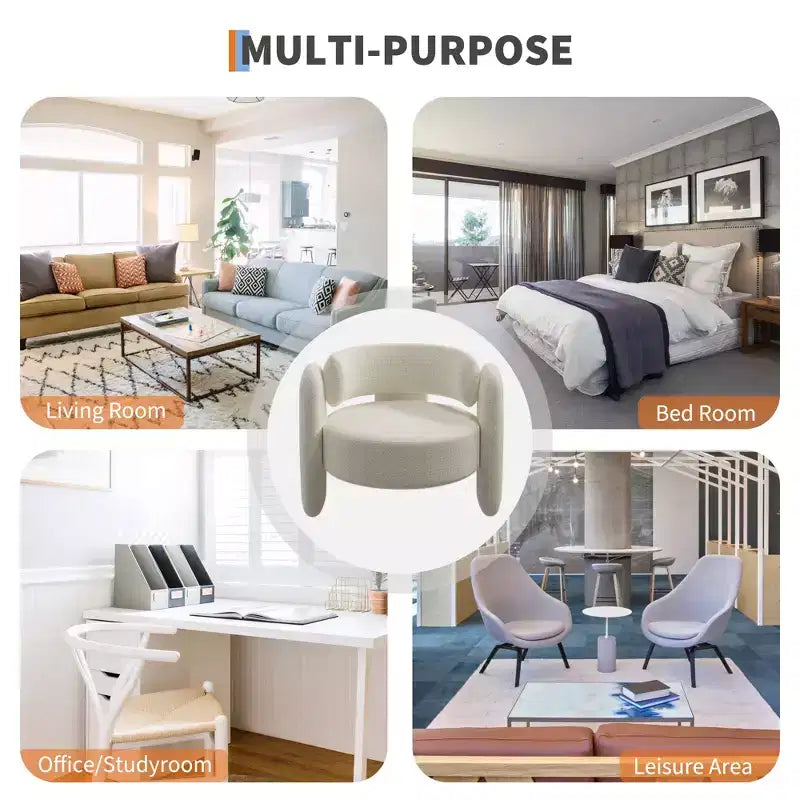 Fauteuil d'appoint moderne en chenille - Rembourrage de style Mid-Century, accoudoir rond confortable, dossier ouvert, coin arrondi, pour chambre, bureau ou café