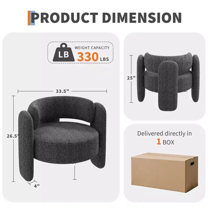 Fauteuil d'appoint moderne en chenille - Rembourrage de style Mid-Century, accoudoir rond confortable, dossier ouvert, coin arrondi, pour chambre, bureau ou café