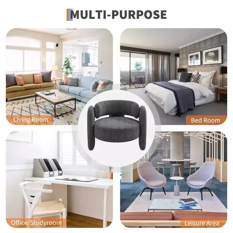 Fauteuil d'appoint moderne en chenille - Rembourrage de style Mid-Century, accoudoir rond confortable, dossier ouvert, coin arrondi, pour chambre, bureau ou café