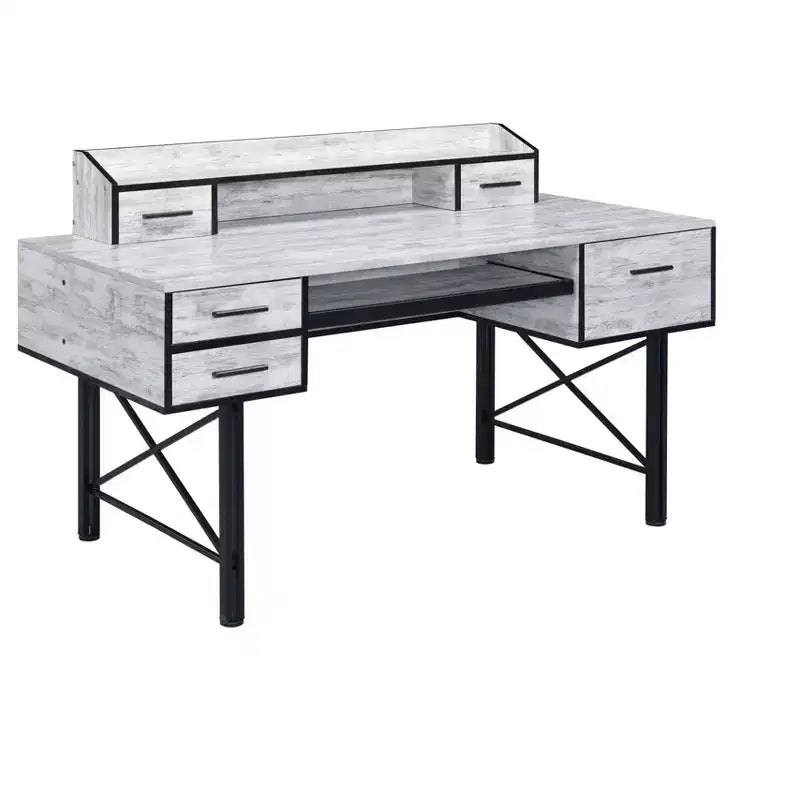 HomeRoots 59 Antiqued White and Black Computer Desk With Five Drawers