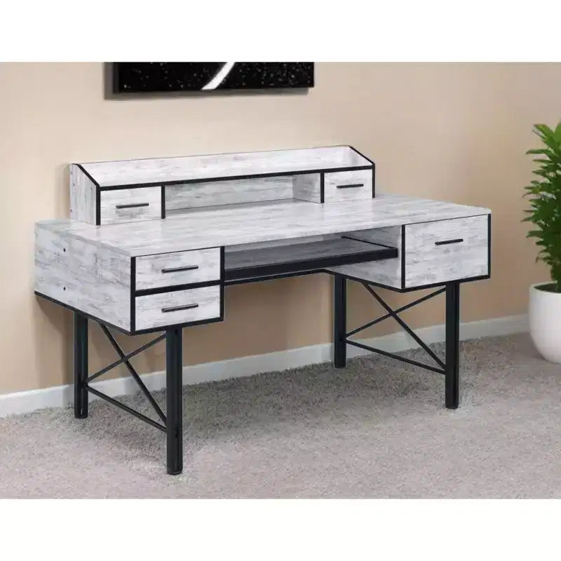 HomeRoots Bureau d'ordinateur blanc antique et noir de 59 po avec cinq tiroirs