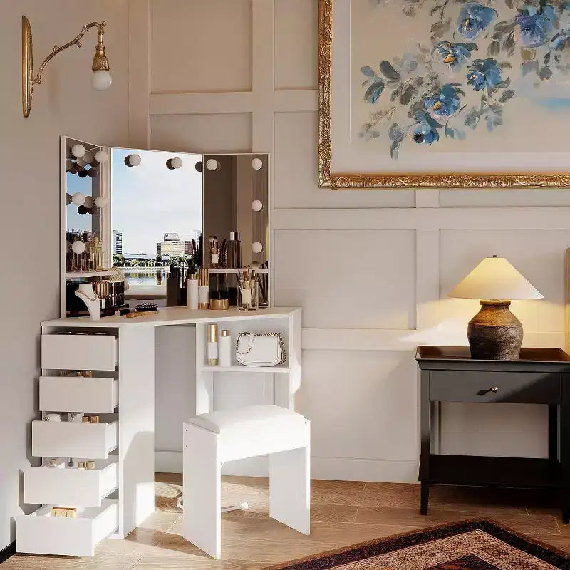 Coiffeuse d'angle avec miroir et lumière, 3 réglages d'éclairage/luminosité, ensemble de coiffeuse avec 5 tiroirs coulissants/étagère/tabouret de coiffeuse, noir