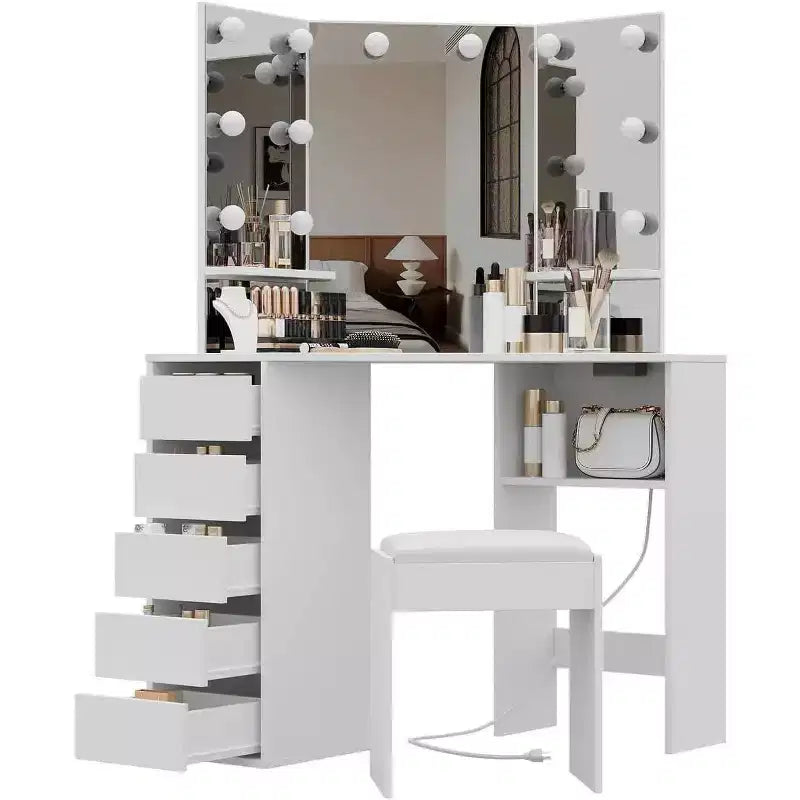 Coiffeuse d'angle avec miroir et lumière, 3 réglages d'éclairage/luminosité, ensemble de coiffeuse avec 5 tiroirs coulissants/étagère/tabouret de coiffeuse, noir