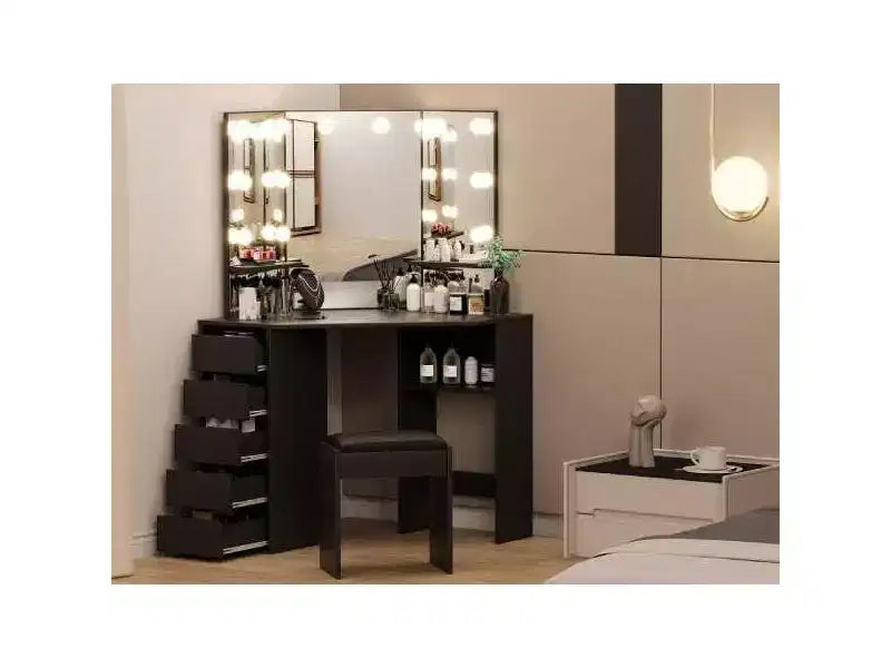 Coiffeuse d'angle avec miroir et lumière, 3 réglages d'éclairage/luminosité, ensemble de coiffeuse avec 5 tiroirs coulissants/étagère/tabouret de coiffeuse, noir