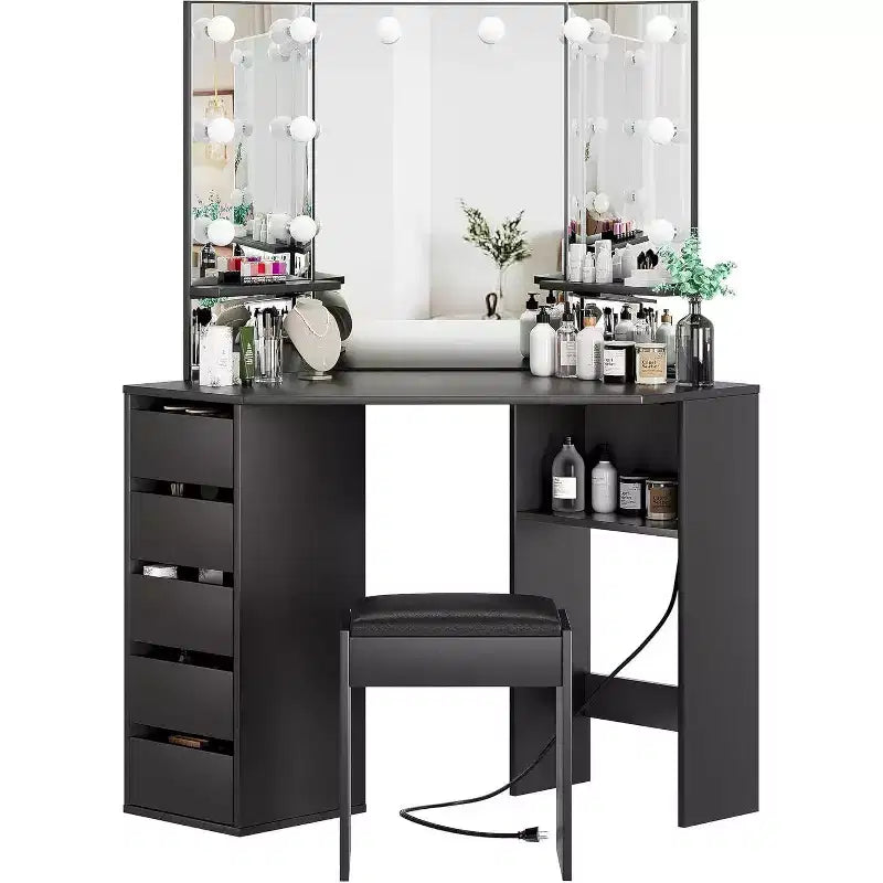 Coiffeuse d'angle avec miroir et lumière, 3 réglages d'éclairage/luminosité, ensemble de coiffeuse avec 5 tiroirs coulissants/étagère/tabouret de coiffeuse, noir