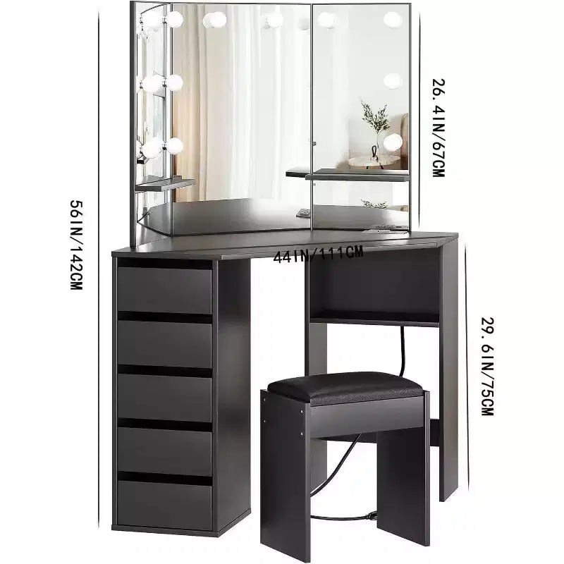 Coiffeuse d'angle avec miroir et lumière, 3 réglages d'éclairage/luminosité, ensemble de coiffeuse avec 5 tiroirs coulissants/étagère/tabouret de coiffeuse, noir