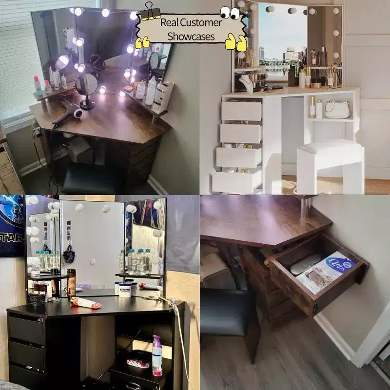 Coiffeuse d'angle avec miroir et lumière, 3 réglages d'éclairage/luminosité, ensemble de coiffeuse avec 5 tiroirs coulissants/étagère/tabouret de coiffeuse, noir