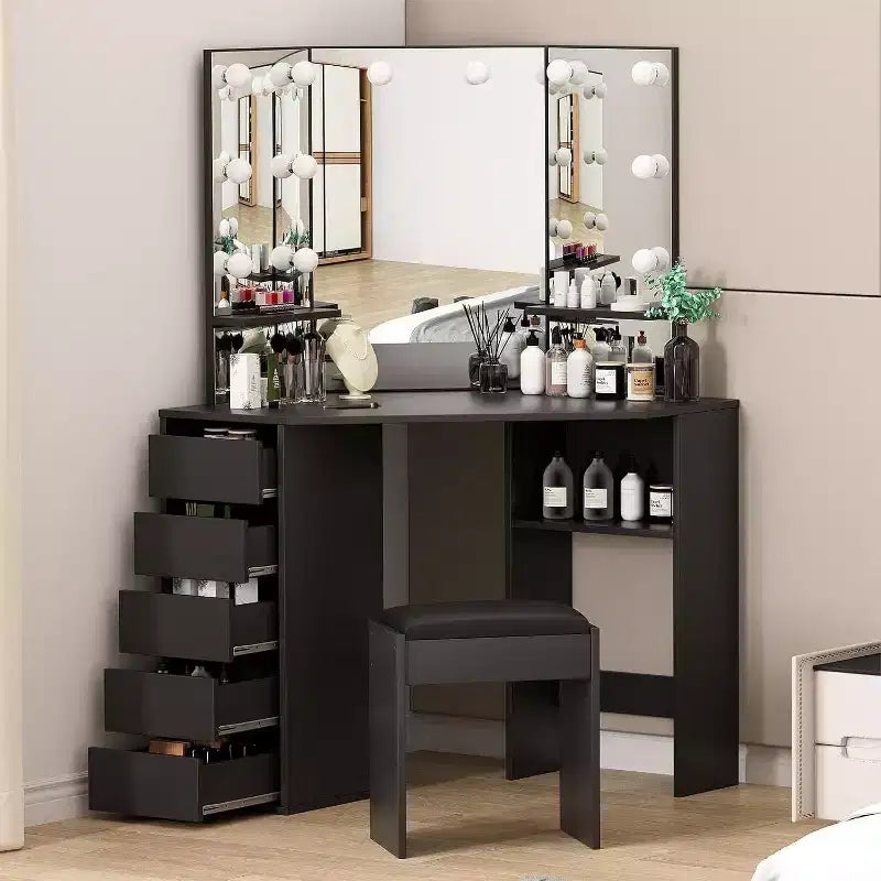 Corner Dressing Table with Mirror and Light, 3 Lighting/Brightness Adjustable, Dressing Table Set with 5 Sliding Drawers/Shelf/Dressing Stool, Black
