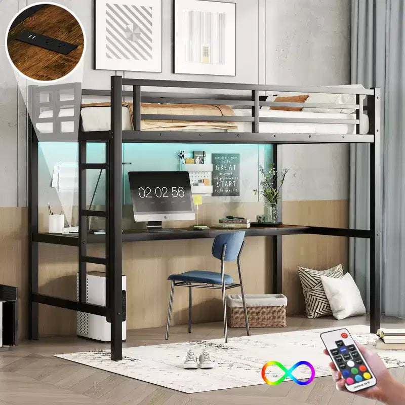 Okak Twin/Full/Queen Size Modern Metal Loft Bed with Desk,Space-Saving Bunk Bed with USB Charging & LED,CPC Certified,Sturdy Loft Beds for Kids,Teens