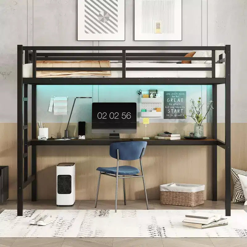 Lit mezzanine moderne en métal Okak, taille double/grand lit/très grand lit, avec bureau, lit superposé peu encombrant avec chargement USB et LED, certifié CPC, lits mezzanine robustes pour enfants et adolescents