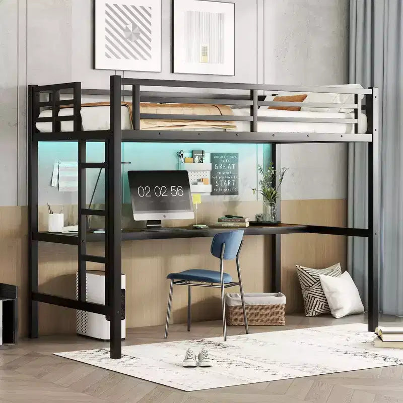 Lit mezzanine moderne en métal Okak, taille double/grand lit/très grand lit, avec bureau, lit superposé peu encombrant avec chargement USB et LED, certifié CPC, lits mezzanine robustes pour enfants et adolescents