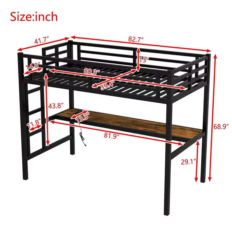 Lit mezzanine moderne en métal Okak, taille double/grand lit/très grand lit, avec bureau, lit superposé peu encombrant avec chargement USB et LED, certifié CPC, lits mezzanine robustes pour enfants et adolescents