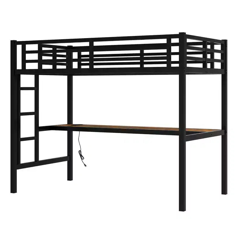 Lit mezzanine moderne en métal Okak, taille double/grand lit/très grand lit, avec bureau, lit superposé peu encombrant avec chargement USB et LED, certifié CPC, lits mezzanine robustes pour enfants et adolescents
