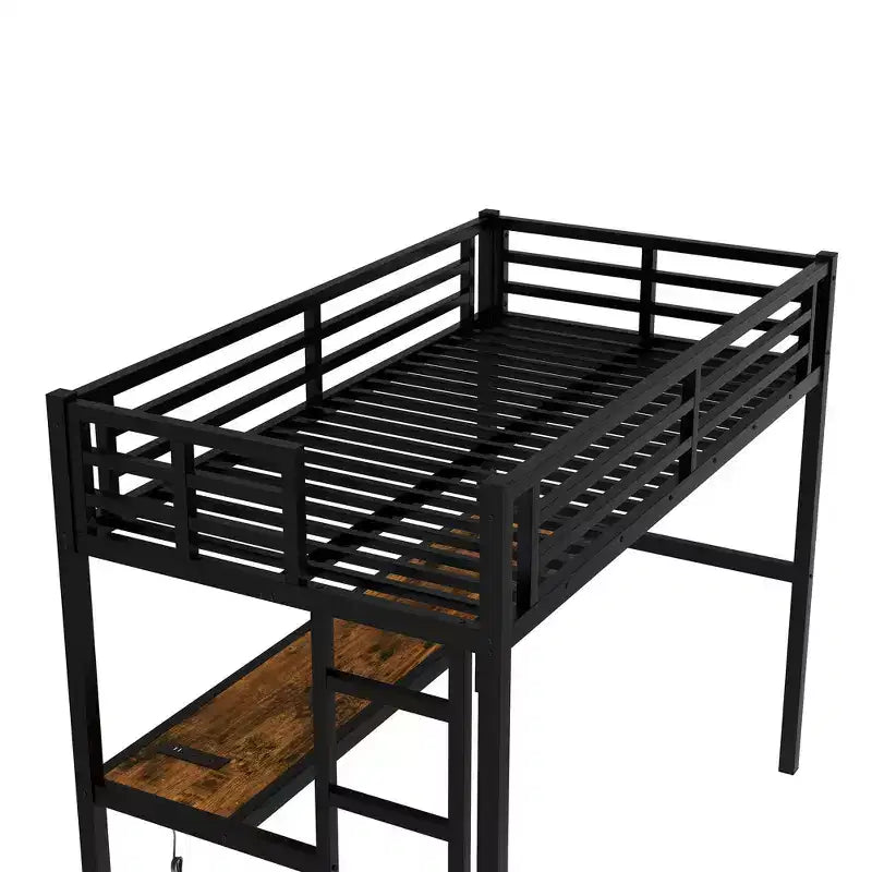 Lit mezzanine moderne en métal Okak, taille double/grand lit/très grand lit, avec bureau, lit superposé peu encombrant avec chargement USB et LED, certifié CPC, lits mezzanine robustes pour enfants et adolescents