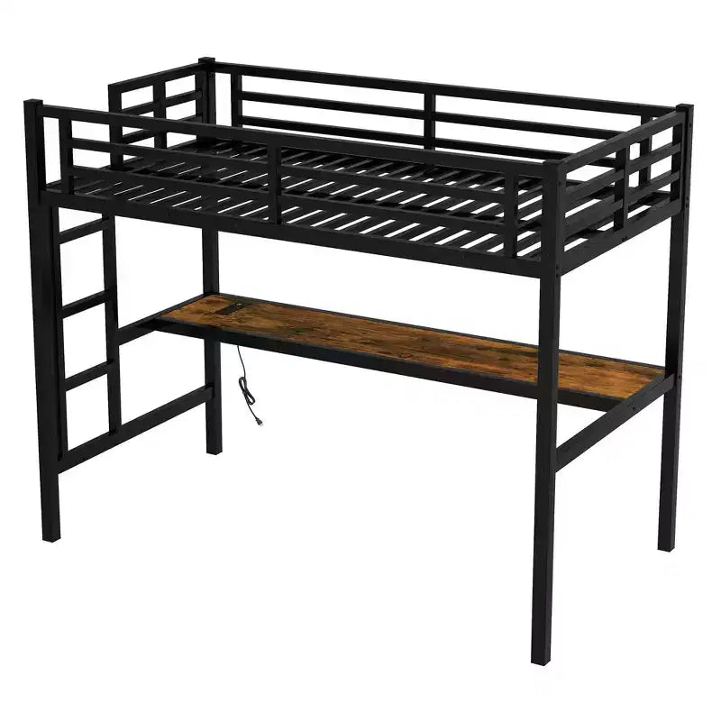 Lit mezzanine moderne en métal Okak, taille double/grand lit/très grand lit, avec bureau, lit superposé peu encombrant avec chargement USB et LED, certifié CPC, lits mezzanine robustes pour enfants et adolescents